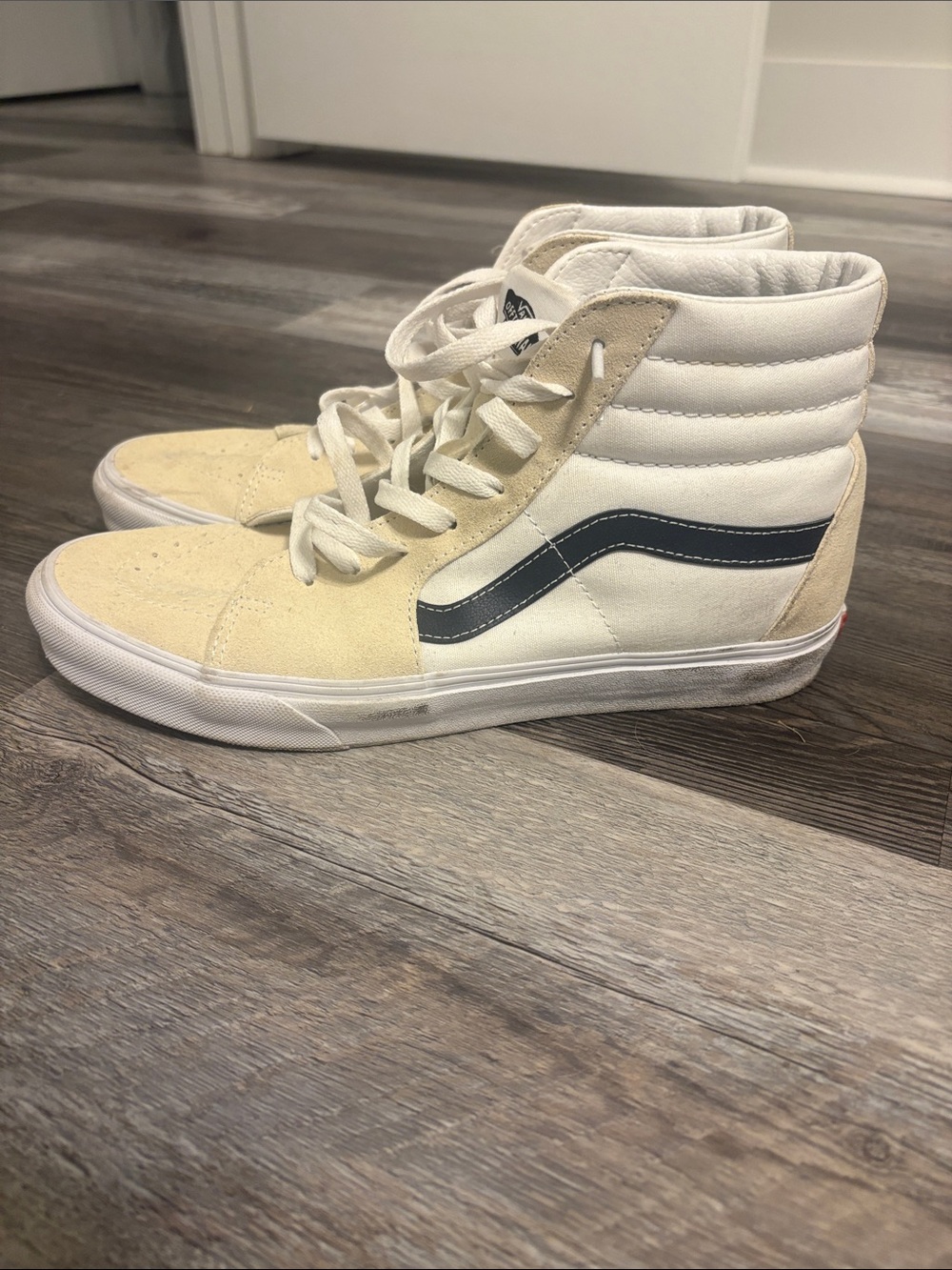 Vans Sk8-Hi High Top Sneakers in Cream & Navy Stripe